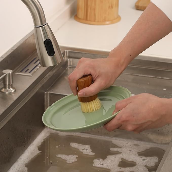 HTB Teak Wood Dish Scrub Brush 3PCS,FSC-Certified | Small Wooden Dish Brush with Teak Handle & Sisal Bristles for Kitchen,Cleaning Scrubbers Set for Pan,Pot,Vegetable,Fruit