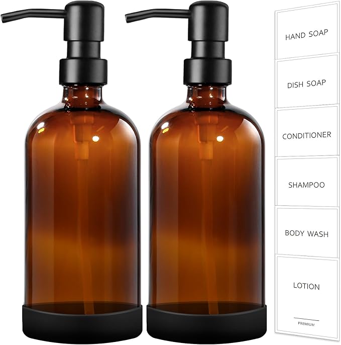GMISUN Amber Glass Soap Dispenser with Silicone Sleeve Boot, 2 Pack Bathroom Hand Soap Dispensers with Pump, 17 Fl Oz Kitchen Hand and Dish Soap Dispenser Set, Liquid Soap Dispensers Bottle