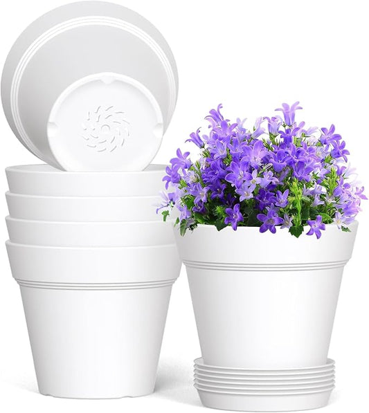 WSMKSZ 7 Inch Thick Plastic Plant Pots with Drainage Holes and Trays – 6 Pack Nursery Pots for Indoor & Outdoor House Plants, Seedling Starter Planters for Garden Flowers, White