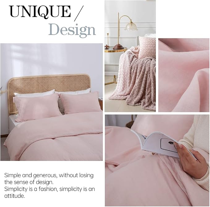 Simple&Opulence 100% Linen Duvet Cover Set 3pcs Basic Style Natural French Washed Flax Solid Color Soft Breathable Farmhouse Bedding with Button Closure - Blush Pink, King