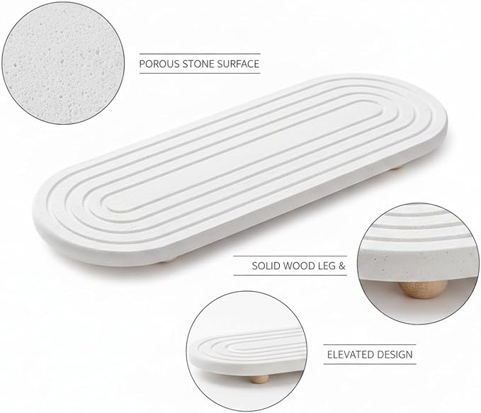 Bathroom Sink Counter Organizer, Diatomite Soap Dish with Wooden Stand, Stone Tray for Bar Soap (1 PC)
