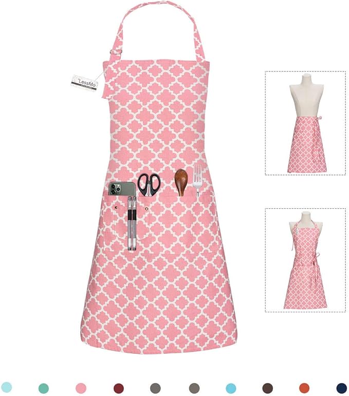 LessMo Kitchen Cooking Aprons with 3 Pockets for Men Women - Cotton Adjustable Professional Grade Chef Apron for Kitchen, BBQ & Grill (Pink)