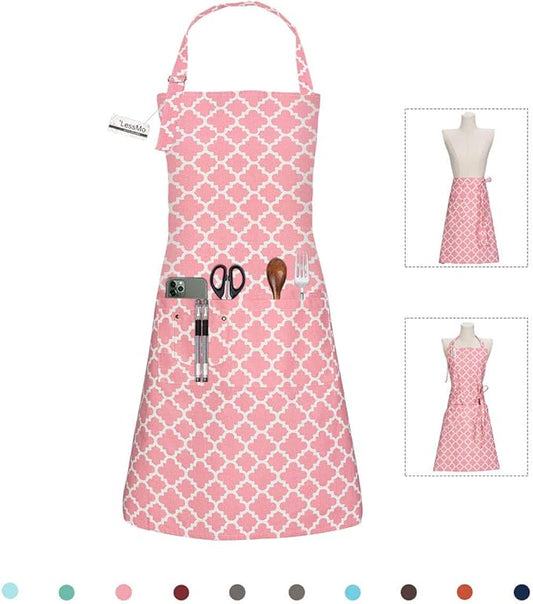 LessMo Kitchen Cooking Aprons with 3 Pockets for Men Women - Cotton Adjustable Professional Grade Chef Apron for Kitchen, BBQ & Grill (Pink)