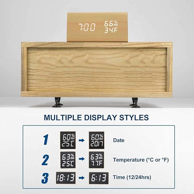 TOPINCN Digital Alarm Clock, Wooden Alarm Clock with Electronic LED Time Display, Humidity & Temperature Detect 3 Alarm Settings 3 Level Brightness Electric Clock for Bedroom