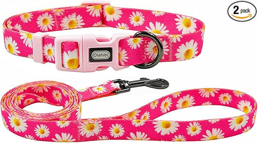 Dog Collar and Leash Set, Cute Pink Daisy Pattern, Polyester Material, 5ft Leash, for Medium Dogs.(M, Daisy Set)