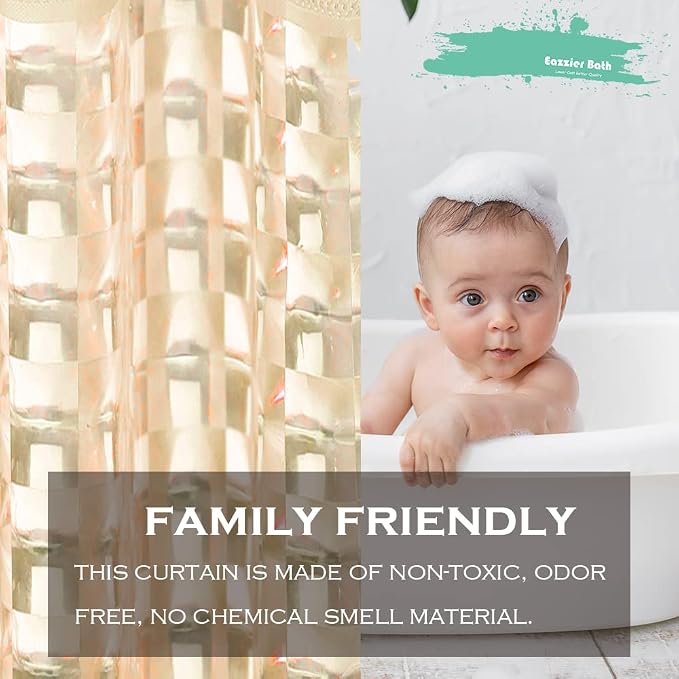 Beige 3D Crystal Plastic Shower Curtain Liner, 72x72 Inch Thin Lightweight Plastic Bathroom Shower Showroom Inner Curtain with Rustproof Metal Grommet Holes and Weighted Magnets