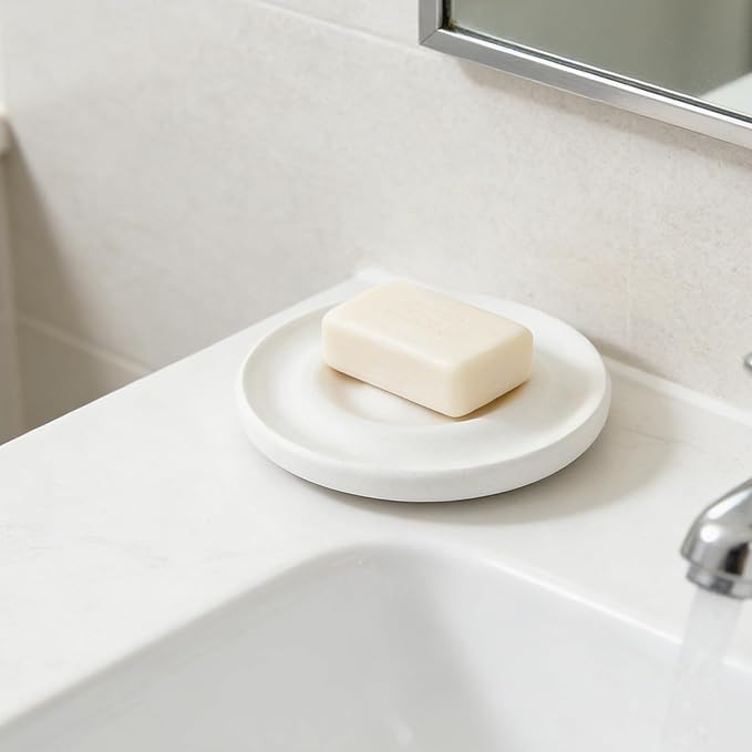 Diatomite Soap Dish for Kitchen Organizer - Quick Dry Sink Caddy Holder for Sponge Brush Toothbrush - Fast Absorbing Stone Tray (White)
