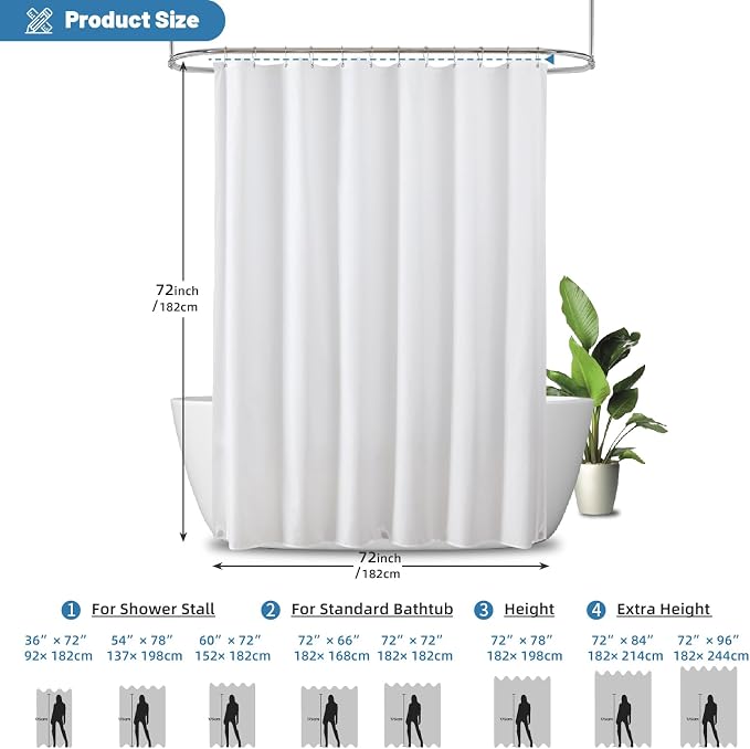 1 Pack Water-Repellent Fabric Shower Curtain Liner - Hotel Quality Machine Washable, 3 Heavy-Duty Magnets with Rustproof Grommets & Weighted Hem, Standard Size 72x72in White