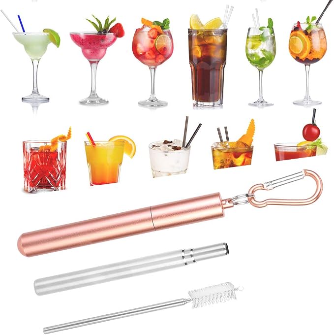 2 Set Collapsible Stainless Steel Drinking Straws, Portable Travel Telescopic Reusable Drinking Straw with Cleaning Brush for Drinking Coffee Milk Tea