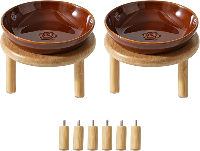 Havniva Elevated Cat Bowls Raised Ceramic Cat Bowl, 5.7” Wide Opening Cat Food Bowl Whisker Friendly Cat Dish Anti-Slip with Bamboo Stand, Shallow Pet Food & Water Bowl for Indoor Cats