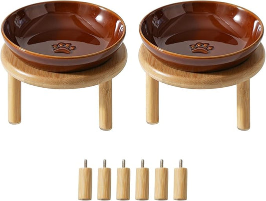 Havniva Elevated Cat Bowls Raised Ceramic Cat Bowl, 5.7” Wide Opening Cat Food Bowl Whisker Friendly Cat Dish Anti-Slip with Bamboo Stand, Shallow Pet Food & Water Bowl for Indoor Cats