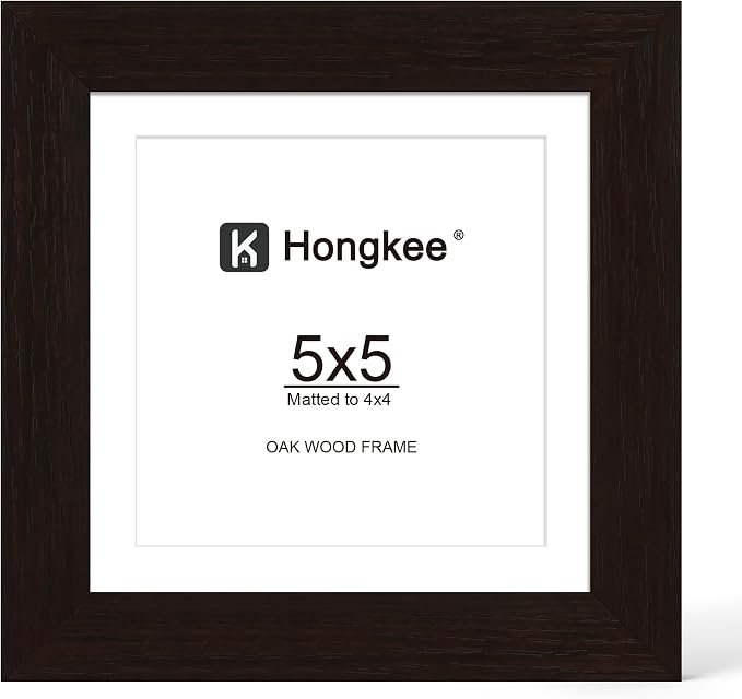 Hongkee 5x5 Oak Wood Picture Frame 1 Pack(Matted 4x4) with Real Glass Cover | Black, 5 x 5 Solid Wood Frame for Wall or Tabletop Display - Includes Easel Back, Vertical Hang - Ideal for Home, Office