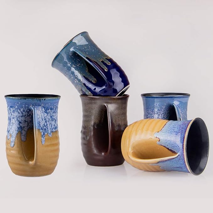Hand Warmer Mug for Coffee Handmade Pottery (UPGRADED) - 16 Ounce Large Handwarmer Mugs Ceramic with Pocket Handles Gift for New Year Christmas, Keep Your Fingers Warming, Right Handed