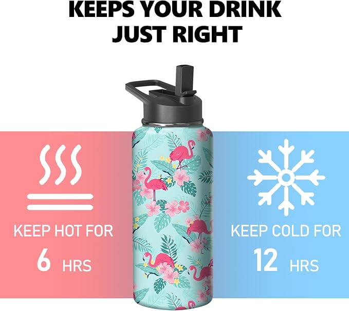 18oz Flamingo Water Bottle with Handle and Flip Straw, Animal Sports Stainless Steel Insulated Cup Travel Coffee Mug Tumbler, Birthday Mothers Day Chritmas Gifts for Women