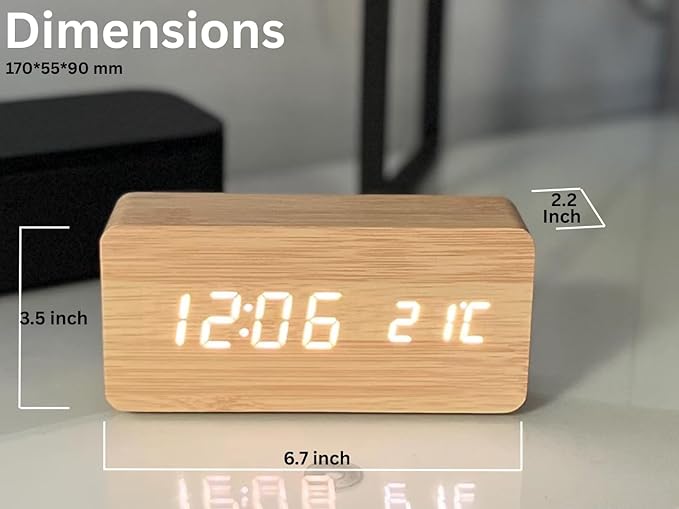 Wooden LED Alarm Clock | Digital Desk Clock with Temperature, Calendar & Voice Control, Adjustable Brightness, USB/Battery Powered | Modern Wood Style Clock for Bedroom, Office, Nightstand, Gift
