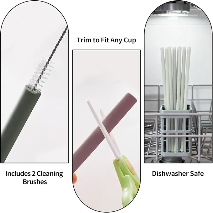6 Pack Reusable Silicone Straws Compatible with Stanley 40oz 30oz 20oz Tumblers, 12.2" Long x 0.374" Diameter BPA-Free Drinking Straws with 2 Cleaning Brushes, Flexible Cuttable Teeth-Friendly