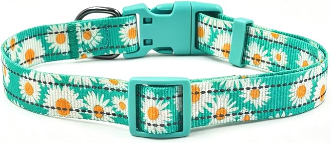 Dog Collar Leash Set, Floral Pattern, with Safety Reflective Strips, 5 ft Matching Leash, Neoprene Padded Handle, Adjustable 4 Sizes for Small Medium Large Dogs.(S, Green Daisy)