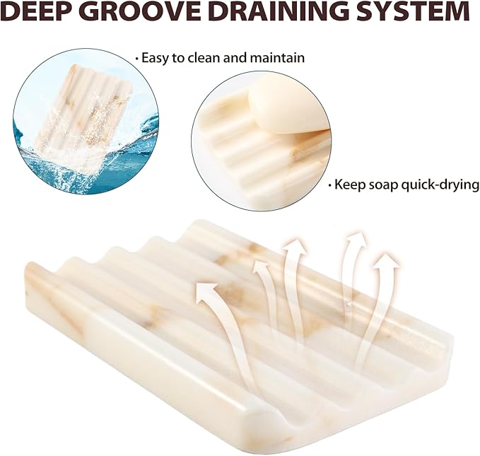 Koville 2PCS Natural Marble Soap Dishes for Shower, Golden Calacatta Marble Soap Dish, Stone Soap Tray for Bathroom, Bar Soap Holder for Sink, Stripe Grooves Saver Keep Bars Dry Easy Clean