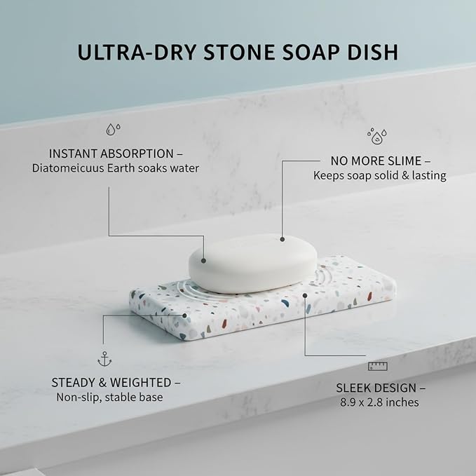 Diatomaceous Earth Soap Dish, Rectangular Stone Bar Soap Holder for Bathroom Sink, Shower Ledge & Kitchen Counter, Absorbent Tray (1 Pack)