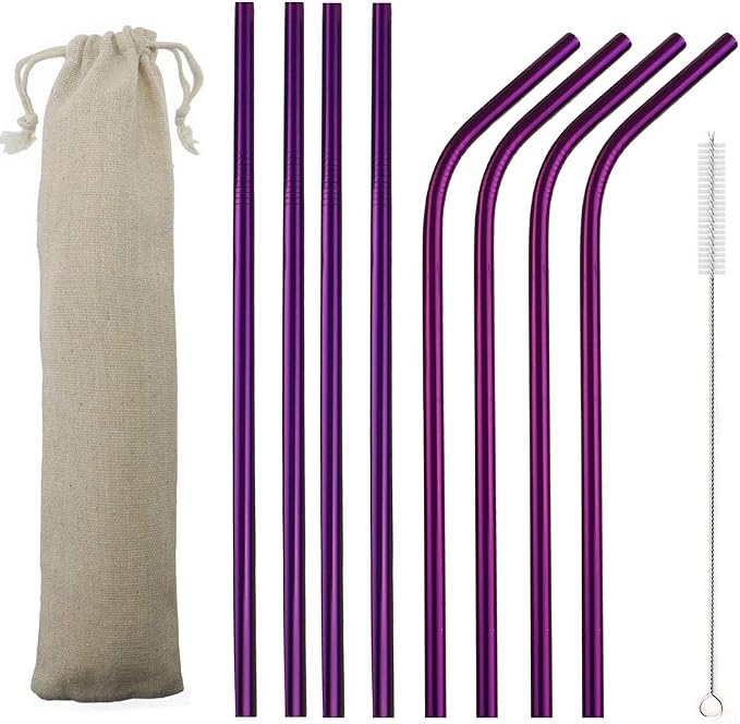 JASHII 2 Set Reusable Portable Metal Straws Stainless Steel Eco-friendly Drinking Straw with Travel Cloth Bag (4 Bent 4 Straight 2 Brush),Purple