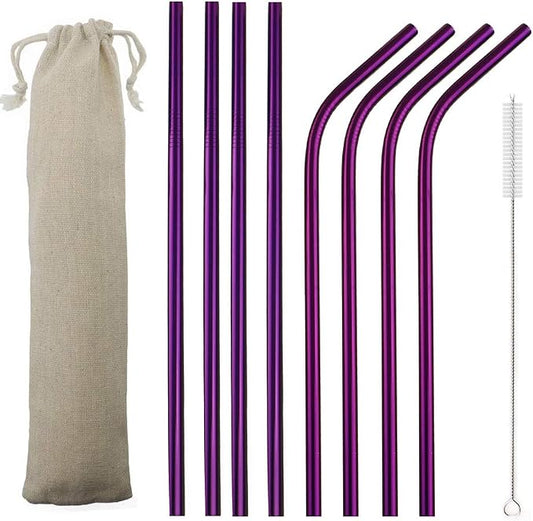 JASHII 2 Set Reusable Portable Metal Straws Stainless Steel Eco-friendly Drinking Straw with Travel Cloth Bag (4 Bent 4 Straight 2 Brush),Purple