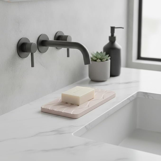 Diatomaceous Earth Soap Dish, Rectangular Stone Bar Soap Holder for Bathroom Sink & Shower, Absorbent Tray (8.7 x 3.5 Inch)