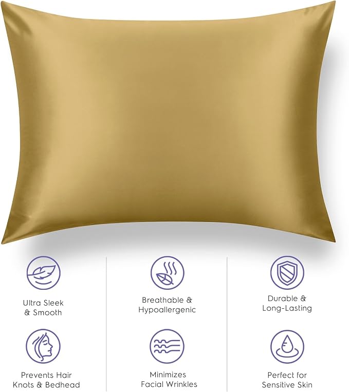 Tafts Silk Pillow Cases - 22mm 100% Pure Mulberry 6A Silk Pillowcase for Hair & Skin with Envelope Closure, Cooling, Natural, Organic, Double Sided Silk Pillow Case (Gold, Queen 20x36, 1pc)