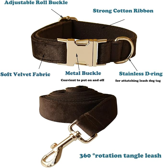 Love Dream Velvet Dog Collar and Leash Set, Soft & Comfy Adjustable Dog Leash and Collar with Heavy Duty Metal Buckle for Small Medium Large Dogs Training & Walking (Medium, Brown)