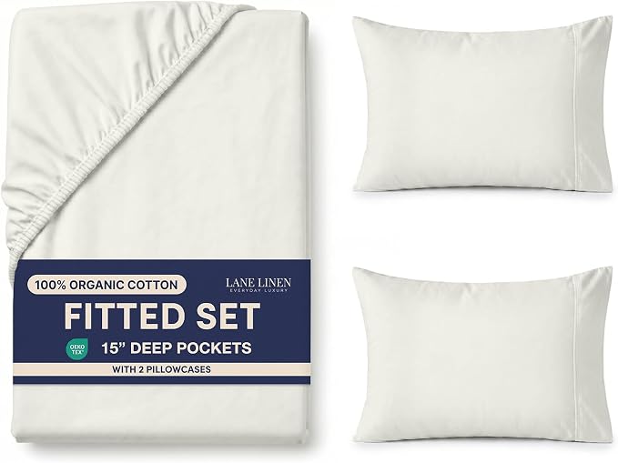 LANE LINEN King Fitted Sheet, 100% Organic Cotton, 3-Piece Set (1 Fitted Sheet,2 Pillowcases), Percale Weave, Ultra Soft, Breathable,Fits Mattress Upto 15" Deep - Glacier Grey (No Flat Sheet)