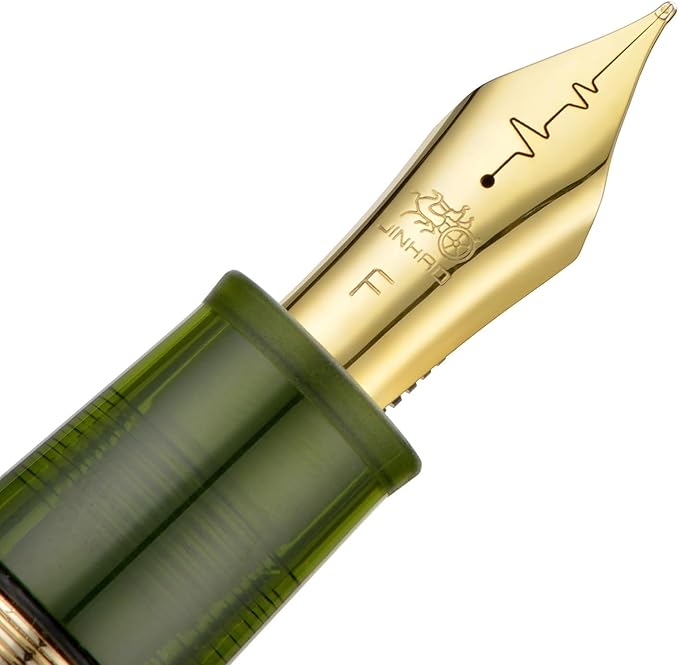 Jinhao 9019 DaDao Series Fountain Pen, Size 8 Medium Cardiogram Nib with Large Ink Converter, Transparent Olive Green Acrylic Design Smooth Writing Pen (Gold Trim)