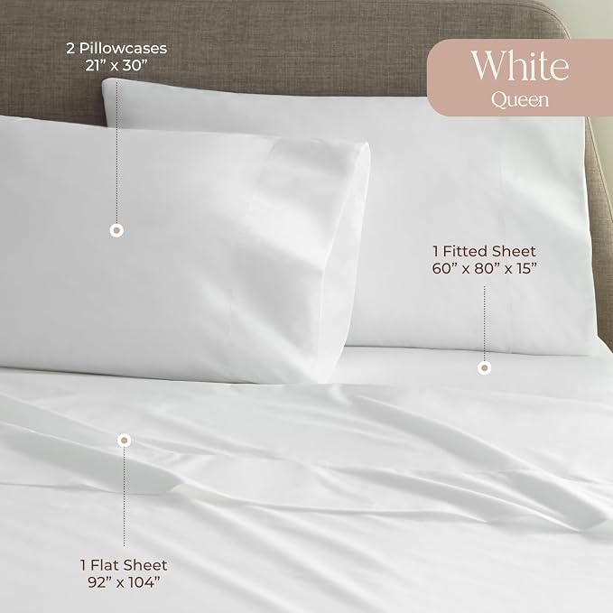 100% Organic Cotton Sheets Queen Size - GOTS Certified Cotton Percale Sheets with Crisp Cool & Breathable Percale Weave Perfect for Hot Sleepers - Durable Luxury 4 Piece Set (White, Queen)