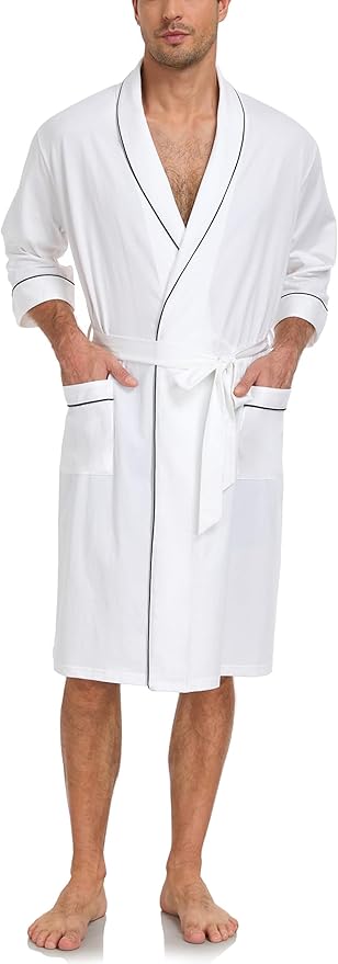 COLORFULLEAF 100% Cotton Men’s Summer Bathrobe Lightweight & Breathable Short Sleeve Kimono Robe with Pockets