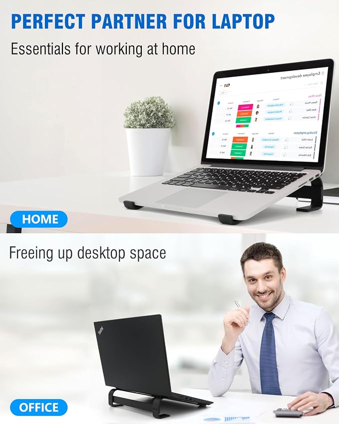 Laptop Stand for Desk, Ventilated Aluminum Laptop Riser, Black | Stable Typing Support, Fixed 17° Angle, 2.5 in Lift, Silicone Pads, Open Airflow, Fits Most 11–16 in Laptops, Tool Included