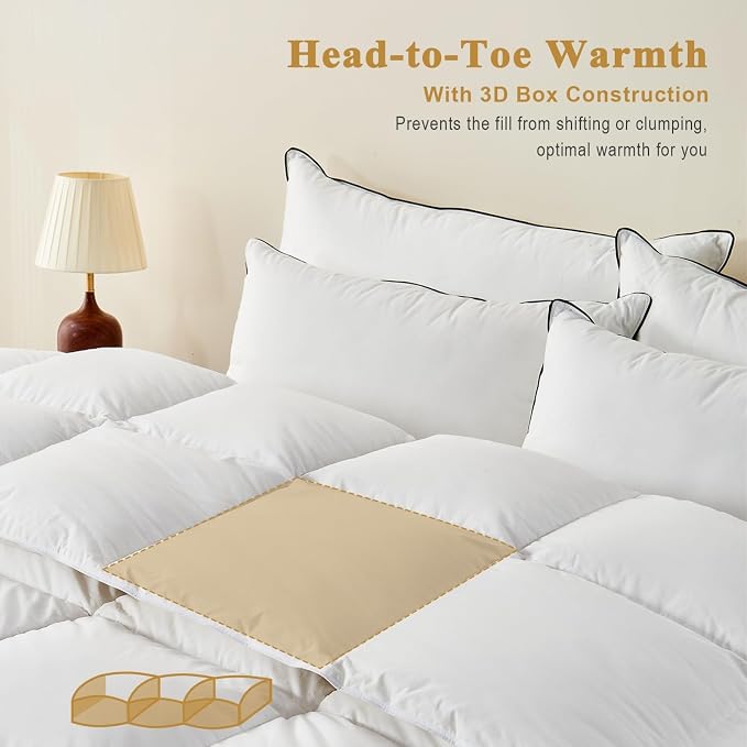 TOPGREEN Organic Feather Down Comforter Super King, Luxury Extra-Fluffy Duvet Insert, All Season Bed Comforter with Ultra-Soft Organic Cotton Case (120x120 Inch, Ivory White)