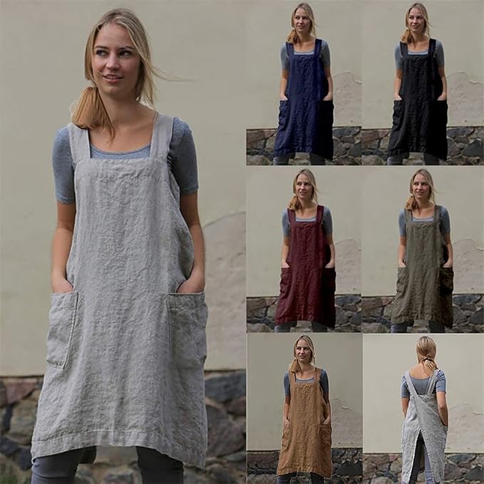 Cotton Linen Apron Cross Back Apron for Women with Pockets Pinafore Dress for Baking Cooking