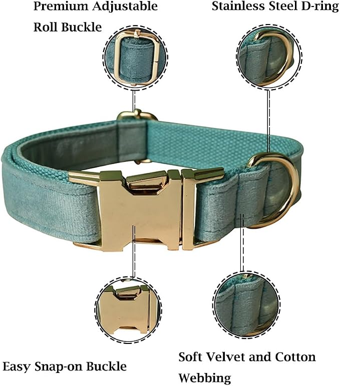 Velvet Dog Collar and Leash Set with Quick Release Metal Buckle | Bright & Stylish Leash and Collar Set, Soft Heavy Duty Pet Collars Adjustable for Samll Medium Large Dogs or Cats
