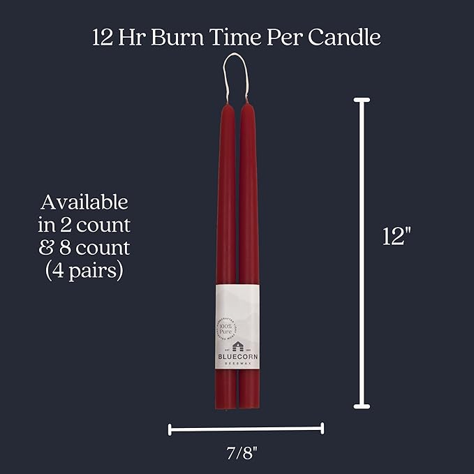 Bluecorn Beeswax Taper Candles, 100% Pure Natural Bees Wax, Pair of 12 Inch Burgundy Tapered Candlesticks, Clean Burning & Dripless, Fragrance Free, Long Lasting, Home Decor, American Made, 1 Count