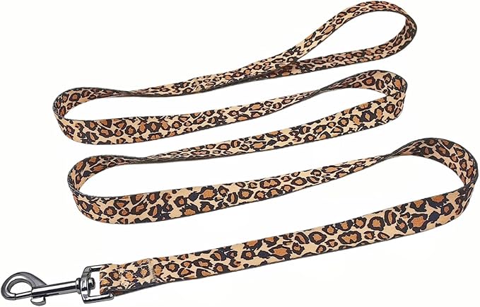 Dog Collar Leash Set, Leopard Pattern, Polyester Material, Adjustable Collar and 5ft Matching Leash, for Small Dogs.(S, Brown Leopard)