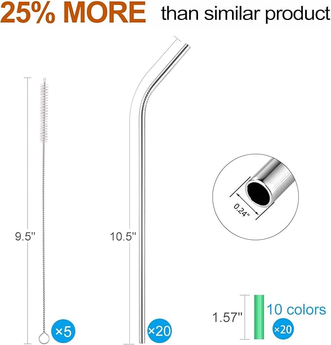 MUTNITT Set of 20 10.5" Reusable Bent Stainless Steel Straws with 20 Silicone Tips 5 Cleaning Brush 1 Travel Case Eco Friendly Extra Long Metal Straw Drinking for 20 24 30 oz Tumbler (Pack of 2)