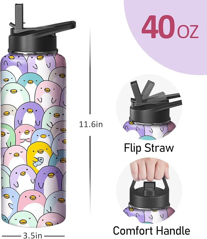 40oz Penguin Water Bottle with Handle and Flip Straw, Animal Sports Stainless Steel Insulated Cup Travel Coffee Mug Tumbler, Birthday Mothers Day Chritmas Gifts for Women