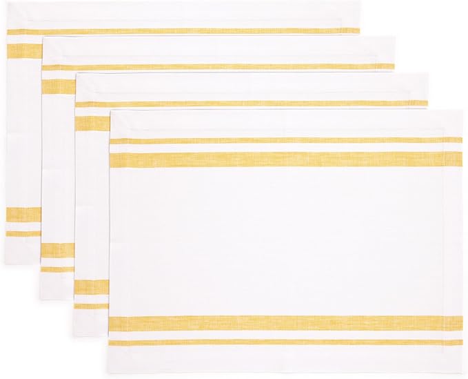 Solino Home Striped Linen Placemats Set of 4-100% Pure Linen Yellow and White Place Mats 14 x 19 Inch for Summer - French Stripe