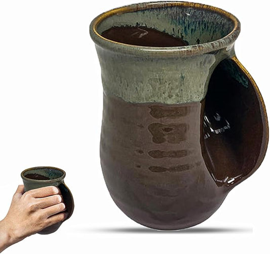 Clay in Motion Hand Warmer Coffee Mug – Handmade Coffee Mug With Comfortable Handle Contoured Pocket Hand Warming Ceramic Coffee Mug – Proudly Made in USA – Right Handed – 14 Oz - Mocha