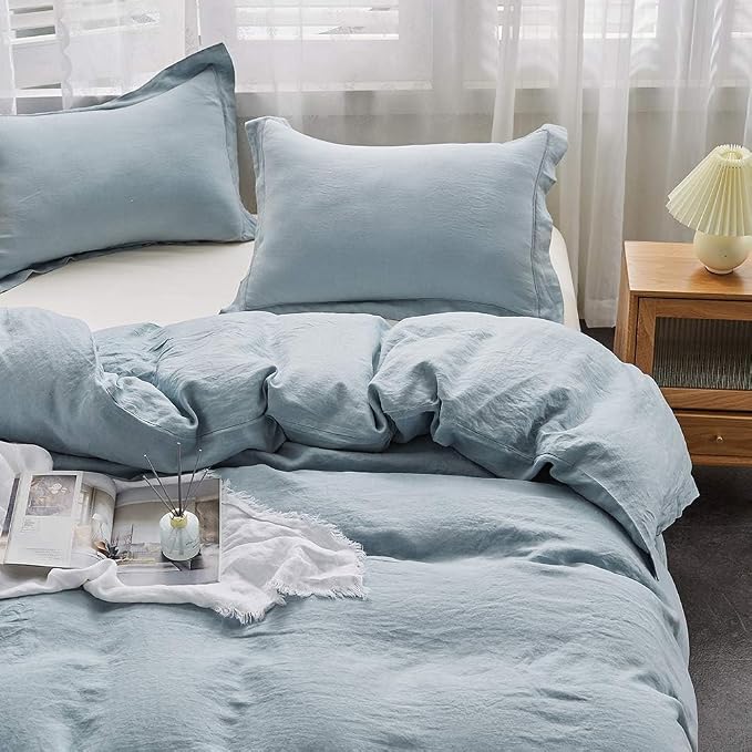 Simple&Opulence 100% Washed Linen Duvet Cover with Embroidered,3 Pieces Soft Farmhouse Comforter Set with Button Closure,1 Duvet Cover and 2 Pillowshams(Queen,Dusty Blue)