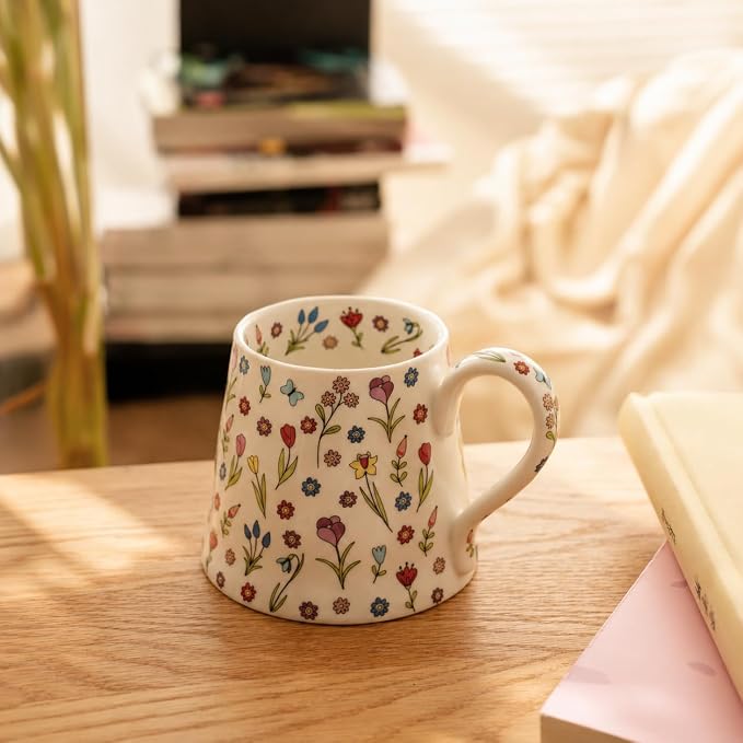 Coffee Mug Espresso Cup Ceramic Flower Porcelain Handmade Cup with Floral Design-White