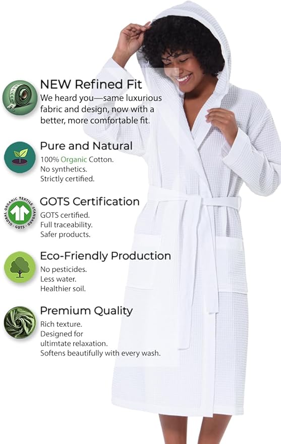 SEYANTE Women's Organic Cotton Waffle Kimono, Hooded Robe – GOTS Certified Lightweight Full-Length Spa Bathrobe with Piping