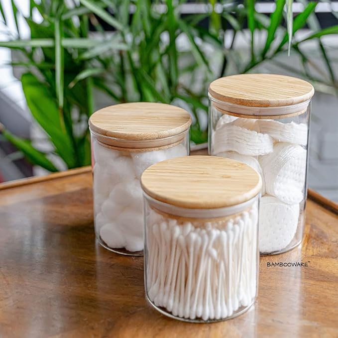 Bambooware Glass Storage Containers with Lids | Kitchen Organization | Pantry Organization - Set of 3 Canisters - Airtight Glass Jars Wooden Lid for Sugar, Flour, Candy, Cookies, Rice, Pasta