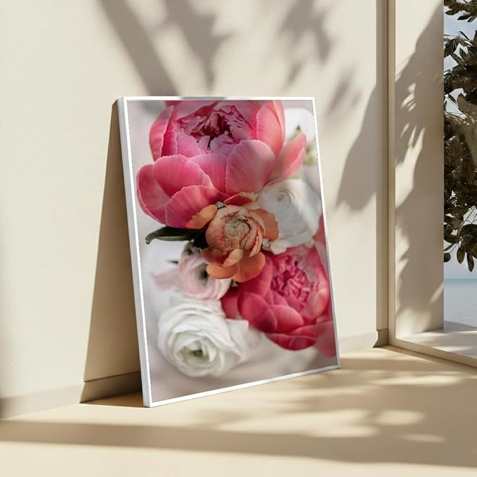 Monem Art Pink Peony Floral Macro Photography Print - Romantic Flower Art Poster - Wall Decor for Living Room, Bedroom or Office - 12x16 White Framed CANVAS Wall Art by Mareike Bohmer