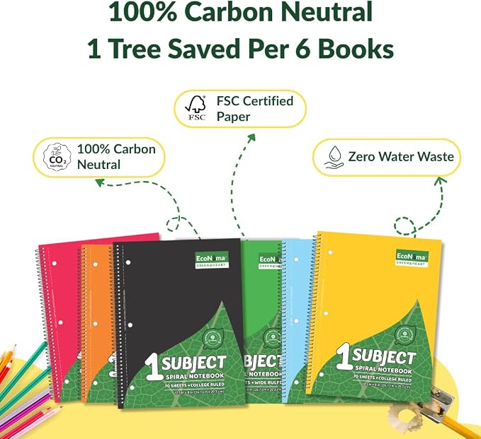 Subject Book Spiral Notebook Pack of 24 College Ruled 140 Pages (70 Sheets) 8" × 10.5" Perforated Carbon Neutral 3-Hole Punched Back to School 2026 Eco-Friendly School & Office Supply Assorted Colors