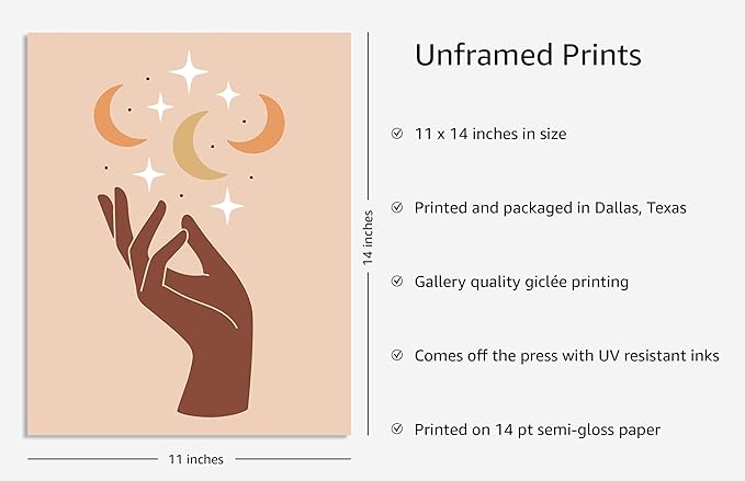 Y2K BOO Mystical Hand UNFRAMED Wall Art Celestial Moon and Stars Print Earth Tones Terracotta Mid Century Modern 11x14 Inch Heavyweight Paper Studio Decor