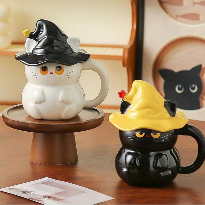 Coffee Mug Cups Ceramic Tea Cup Cute 3D Bichon Frise Dog Shaped Handmade Pottery Cute Mugs Handle Office Home Hot Ice Chocolate Milk Mugs Gifts Microwave Dishwasher Safe 14 Oz Travel Mug (White cat)